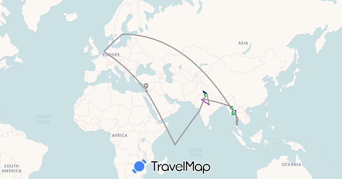 TravelMap itinerary: driving, bus, plane, train, boat in Israel, India, Myanmar (Burma), Netherlands, Seychelles, Sweden, Thailand (Africa, Asia, Europe)